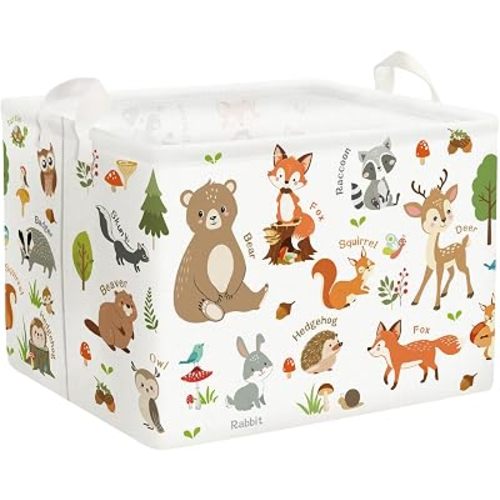 Clastyle Collapsible Words Animals Kid Book Toy Storage Basket Bear Raccoon Clothes Nursery Hamper for Bedroom Bathroom, Grey Rabbit 36L