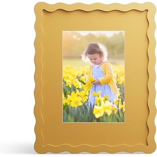 8x10 Picture Frame with Mat for 5x7, Wavy Edge Wooden Real Glass Photo Frame for Tabletop and Wall Hanging, Yellow, 1 Pack