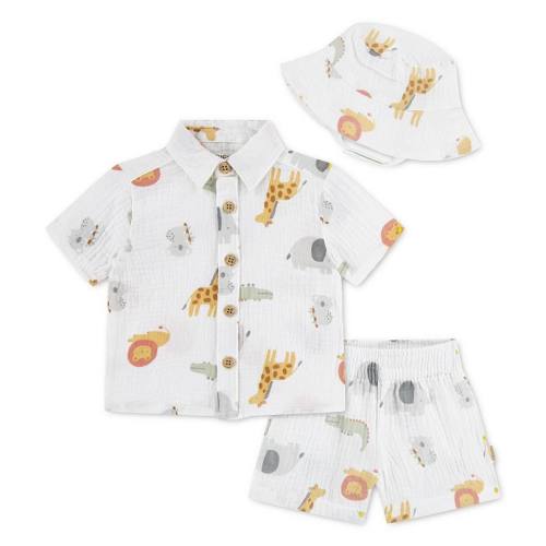 Newborn Baby Boys Huggies Babywear® 100% Organic Cotton Animal Print Short Sleeve Button-Up Top Shorts & Bucket Hat 3-Piece Set