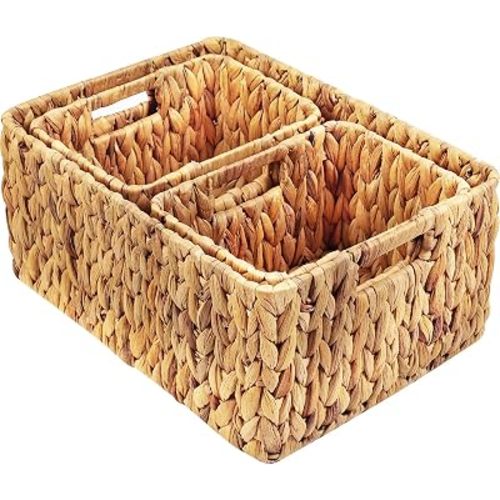 HOONEX Water Hyacinth Storage Baskets, Wicker Baskets for Storage, Hand Woven Baskets with Carry Handles, Set of 3, Natural