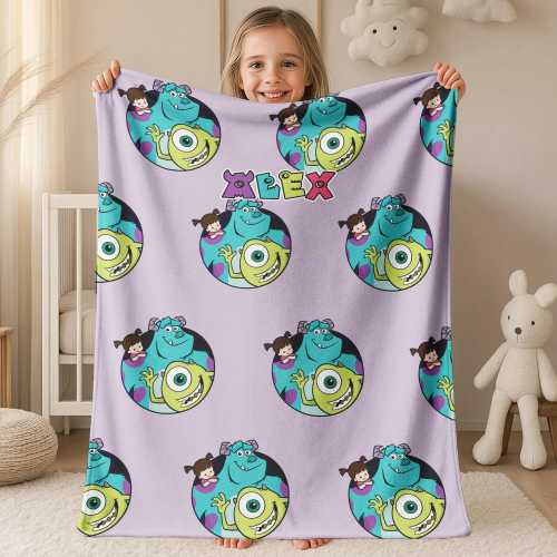 Personalized Monsters Inc Baby Name Blanket - Unisex Monster Movie Inspired Nursery Theme, Faux Quilt Style Blanket BXGX12