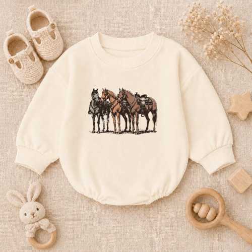 Vintage Western Horses Baby Romper, Cute Cowboy Toddler Bubble Bodysuit, Retro Equestrian Baby Clothes, Western Country Baby Shower Gift