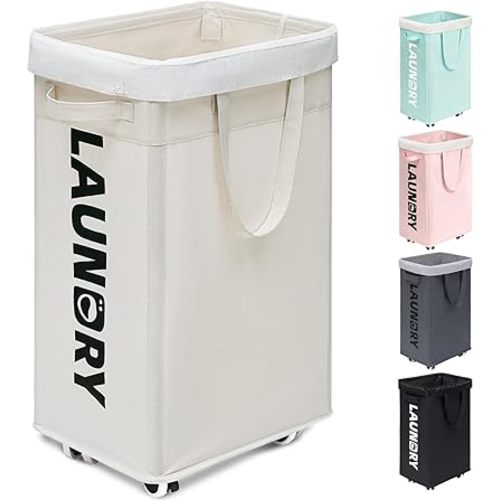 Goodpick Laundry Hamper with Wheels, 75L College Dorm Room Essentials, Clothes Hamper with Removable Wash Bag for Bedroom, Large Laundry Basket with Handle, White