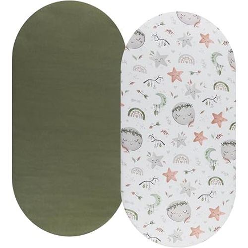 Bassinet Sheet Set 2 Pack Snug Fitted Cradle Fitted Sheets, Stretchy Ultra Soft, for Oval Rectangle Hourglass Bassinet Mattress, Unisex Boy Girl, Light Green & Moon