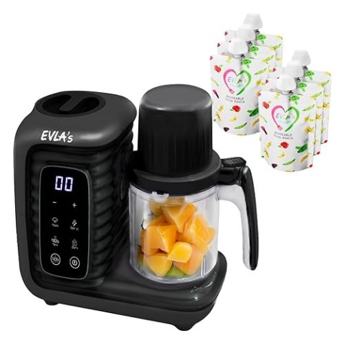 EVLA'S Baby Food Maker, Steamer, Blender, Baby Food Processor for Healthy Homemade Baby Food in Minutes, Touch Screen with 6 Reusable Food Pouches, Baby Registry Essential, Dark Grey