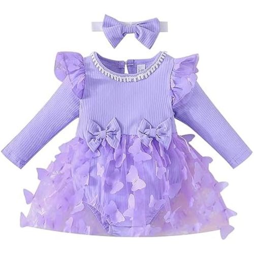 IDOPIP Baby Girls Butterfly Tutu Dress Long Sleeve Romper Tutu Skirt + Headband 2PCS Winter Fall 1st Birthday Outfit Clothes