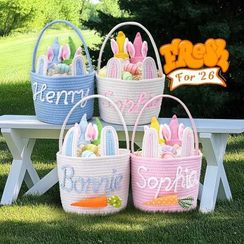 Personalized Easter Basket with Name – Custom Bunny & Carrot Rope Basket for Kids, Baby’s First Easter Gift, Easter Egg Hunt Basket