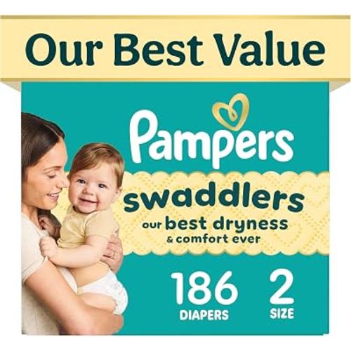 Pampers Swaddlers Diapers, Size 2 (10-22 lbs), 186 Count, Fragrance Free, Hypoallergenic, Absorbent, Pediatrician Recommended, Skin Safe