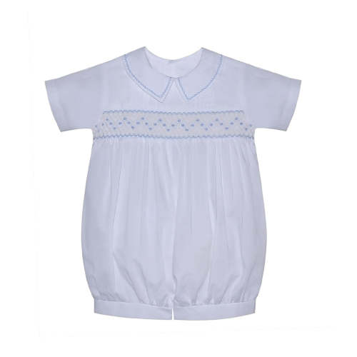 Finley Boy Romper-White w/ Blue Smocked