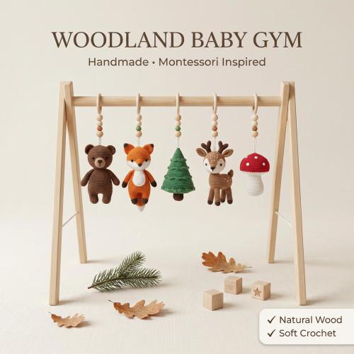 Woodland Baby Gym, Handmade Wooden Play Gym, Crochet Forest Animal Toys, Montessori Neutral Nursery Decor, Baby Shower Gift