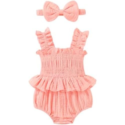 YOUNGER TREE Baby girl Romper Infant Summer Clothes Ruffle Sleeveless One Piece Bodysuit with Bow Headband Newborn Jumpsuit
