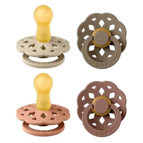 BIBS Boheme Soother 4-Pack | BPA Free Dummy Pacifier | Round Nipple | Natural Rubber Latex | Size 6-18 Months | Peach Mix | Natural Rubber Latex | Size 2 | BPA-Free | Made in Denmark | High Nipple Acceptance | Airflow Holes | Comfort Shield