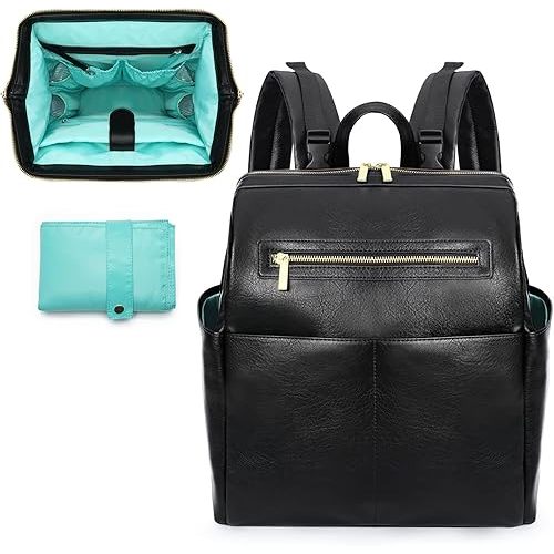 MOMINSIDE Diaper Bag Backpack, Leather Backpack with 16 Pockets for Mom Dad, Baby Registry Search, Fits 15 Inch Laptop, 4 Insulated Pockets, Changing Pad, Black