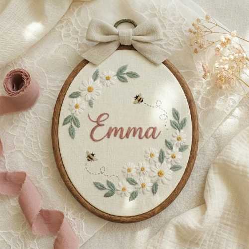 Handmade Bee Embroidery Hoop: Custom Baby Name Nursery Gift