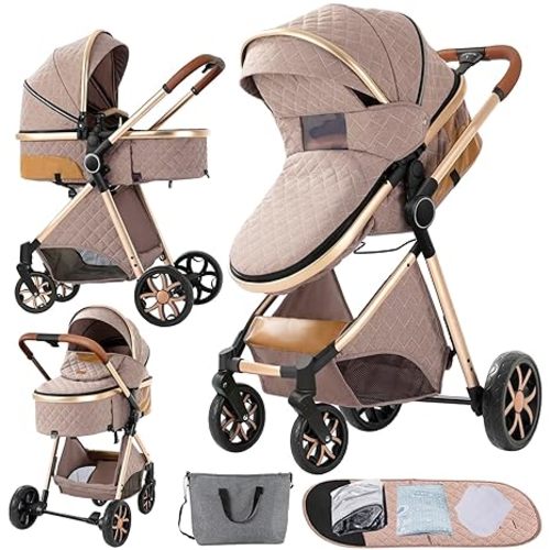 2 in 1 Baby Stroller, Convertible Foldable Standard Stroller, Reversible Pushchair Infant Buggy Carriage, Portable High Landscape Pram for Toddler Newborn, Aluminum Alloy (225 Khaki)