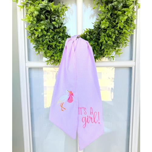 Custom Baby Announcement Wreath Sash | It’s a Girl or It’s a Boy Bow Sash| Stork Embroidered Door Decor | Gender Reveal Gift