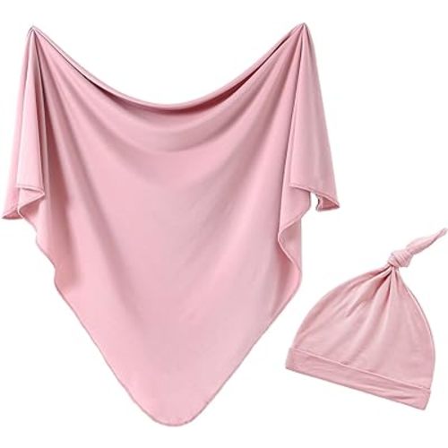iEvolve Cotton Knitted Baby Swaddle Blanket with Hat Headband Set Newborn Swaddle Wrap Receiving Blankets for Baby Girl Boy 35" x 35"(Pink)