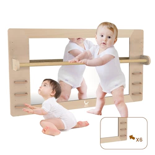 XIHAToy Coordination Mirror Montessori Wooden Toddler Mirror Safety Shatterproof Mirror Acrylic Non-Glass Early Learning to Walk Mirror with Handle, XH-MTM-2
