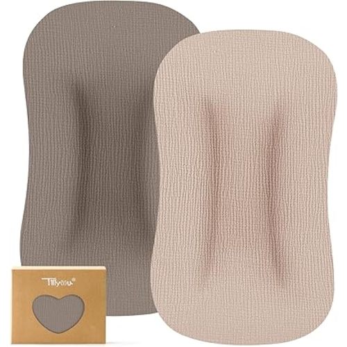 TILLYOU Muslin Baby Lounger Cover, 100% Cotton Newborn Lounger Cover, 2 Pack Baby Nest Slipcover for Boys Girls, Cover Only, Grey Brown and Light Brown