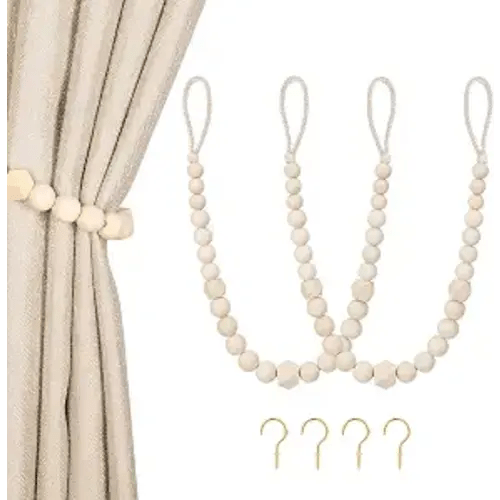 KLOGTSIND Wood Bead Curtain Tiebacks, 2 Pack Curtain Tie Backs with Hooks | Curtain Holdbacks for Thin or Thick Window Draperies, Boho Curtain Holders for Home Office Room Decor