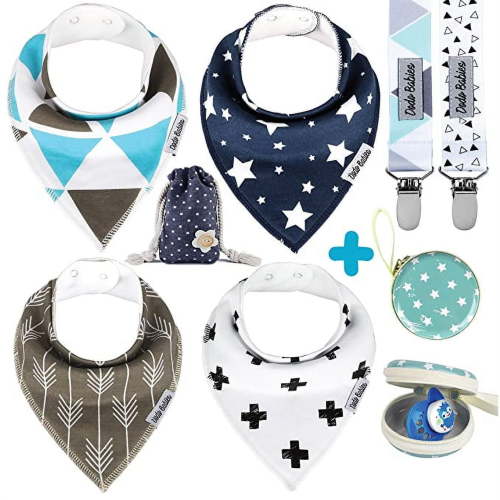 Dodo Babies 4 Pack Baby Bandana Drool Bibs with 2 Pacifier Clips and 1 Pacifier Case