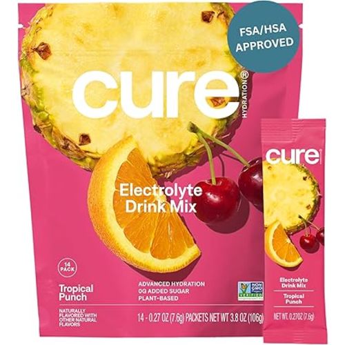 Cure Hydration | Plant-Based Electrolyte Drink Mix | No Added Sugar | FSA & HSA | Dehydration Relief Powder Made with Coconut Water | Non-GMO | Vegan | Pouch of 14 Packets - Tropical Punch
