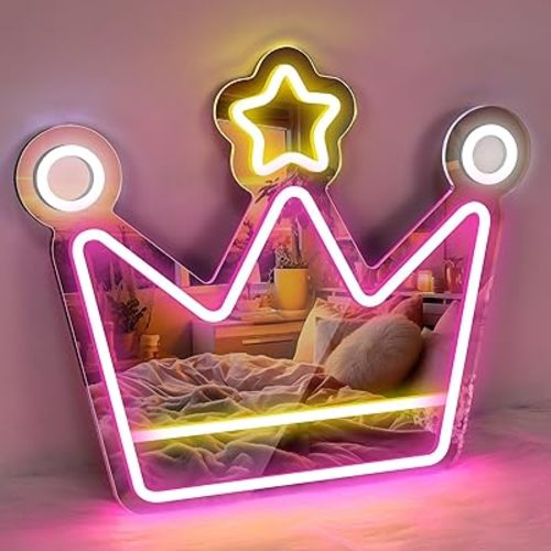 Crown Neon Sign-Pink Mirror LED Sign, 13.7"X 15.7" USB Powered Mirror Neon Signs, Dimmable Neon Lights LED Neon Sign Great Gift for Teen Girls & Kids(Pink&Yellow&White)