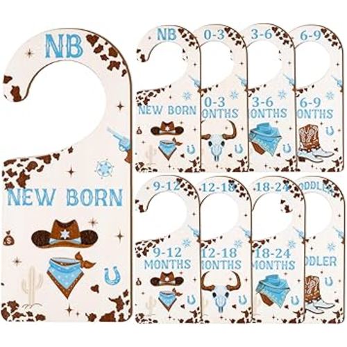 Baby Closet Dividers 8PCS, Western Cowboy Theme Wooden Double-Sided Clothes Size Hanger Organizer from Newborn to Toddler for Nursery Decor Baby Shower Birthday Gift