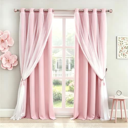 Pink Blackout Curtains with Lace Hems Sheer Overlay, 2 Panels, Thermal Insulated & Soundproof, Room Darkening, Living Room, Bedroom - Modern Elegant Romanntic Pink Drapes, 52x84 Inches