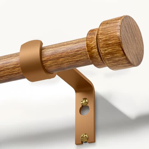 Lootkell Wood Curtain Rods for Windows 28 to 48 Inches 1" Diameter Boho Decorative Heavy Duty Long Window Curtain Rod Adjustable with Handmade Wood Grain Design for Living Room Bedroom Kitchen
