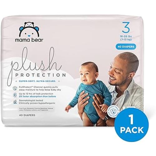 Amazon Brand - Mama Bear Plush Protection Diapers - Size 3, 40 Count, Hypoallergenic Premium Disposable Baby Diapers, White and Cloud Dreams