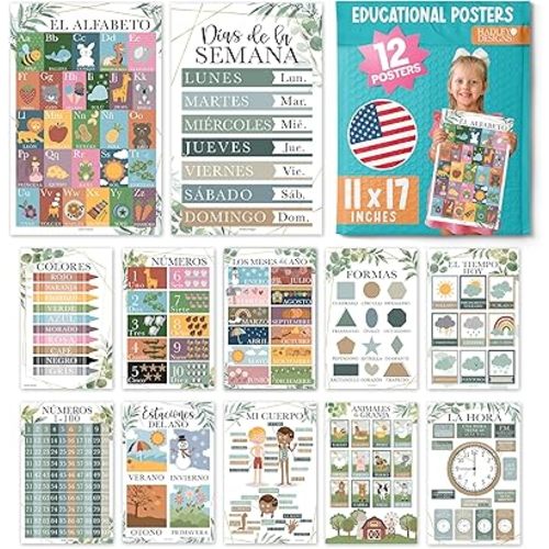 Hadley Designs Spanish Classroom Decorations - 12 Spanish Posters for Classroom Elementary, Abecedario para Niños en Español, Laminated Greenery Bilingual Educational Posters 11x17
