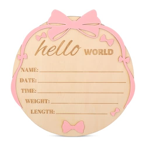 Hello World Newborn Sign Pink Bow, 7.1 Inch Wooden Baby Birth Announcement Sign for Girls Baby Welcome to The World Board for Photo Prop Nursery Hospital Decorations