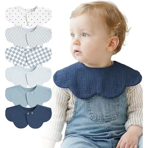 6-Pack Muslin Baby Bibs, 360° Rotate Flower-Shaped Drool Bibs