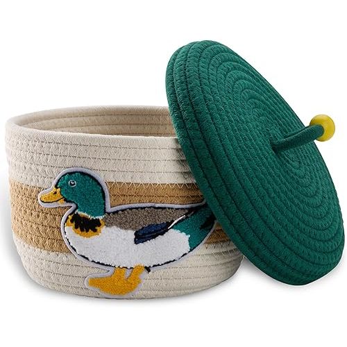 Mallard Duck Woven Basket with Lid - Handcrafted Cotton Mallard Duck Decor Basket for Nursery Decor, Hunting Baby Stuff & Home Organization Storage Bins for Bedroom Bathroom Room Desktop Accessories