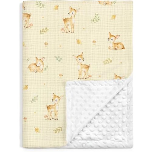SANDJEST Deer Minky Muslin & Dotted Blanket 30x40 in Gift for Holiday, Gender Reveal Party, Hospital Visit, Baptism