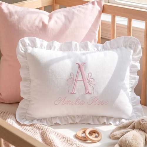 Personalized Baby Pillow, Embroidered Monogram Nursery Pillow, Custom Name Crib Pillow, Ruffle Baby Shower Gift, Newborn Gift