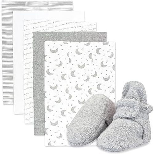 Zutano Newborn Girl Gift Set | 5 Pack Organic Burp Cloths and 0-3 month Fleece Baby Booties, Bundle, 3M