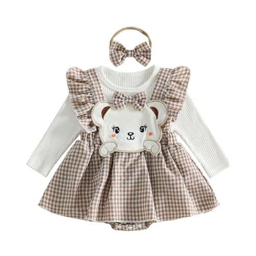 Newborn Baby Girl Bear Clothes Gingham Plaid Fall Romper Dress with Bow | Infant Ruffle Long Sleeve Ribbed Skirt Bodysuit Cotton Linen Onesie, Holiday Wedding Birthday Party Outfit, Baby Shower Gifts