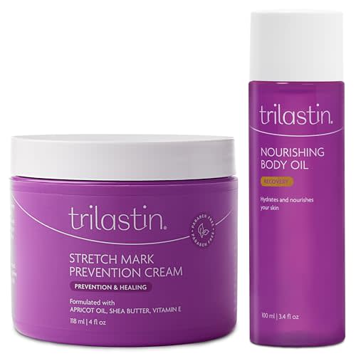 Trilastin Maternity Stretch Mark Prevention Cream (4oz) Bundle with Nourishing Body Oil (3.4oz) | Pregnancy Must-Have | Gift for First-time Moms | Hypoallergenic Postpartum Skincare | 1 Month Supply