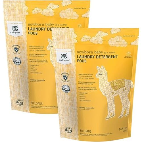 Grab Green Newborn Baby Laundry Detergent Pods, 60 Loads, Chamomile, Mineral Based, Non-Toxic, Stain Remover