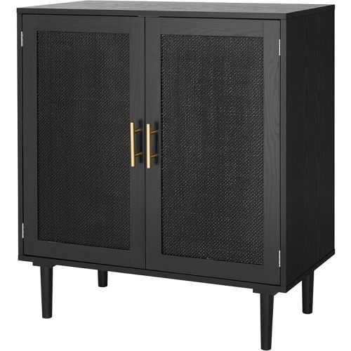 Finnhomy Sideboard Buffet Kitchen Storage Cabinet with Black Painted Rattan Decorated Doors, Dining Room, Hallway, Cupboard Console Table, Liquor/Accent Cabinet, 31.5X 15.8X 34.6 Inches, Black