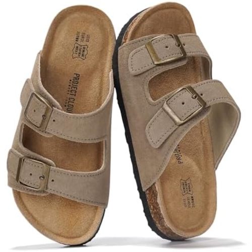 Project Cloud 100% Genuine Leather Kids Sandals - Natural Cork Footbed Non-Slip Slides for Kids - Lightweight Boys & Girls Sandals - Water-Resistant Girls & Boys Sandals