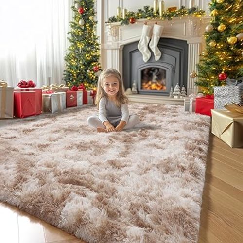 Amdrebio Tie-Dyed Beige Tan Area Rugs for Bedroom Kids Room, 5x7 Cute Fluffy Plush Shaggy Rug for Living Room Decor Aesthetic, Soft Furry Fuzzy Neutral Carpet for Baby Nursery Playroom Preppy Dorm