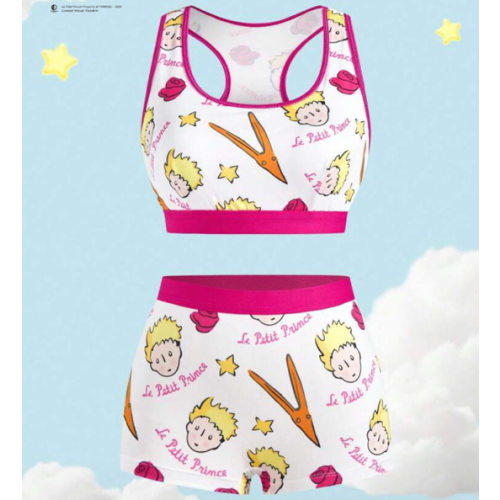 LE PETIT PRINCE X SHEIN Women's White & Pink Cute Cartoon Rose Print Comfortable Contrast Trim Cartoon Pattern Bra And Panty Set,,For Sports And Yoga,Workout Sets,Kawaii,Cute,Sweet