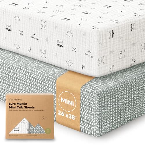 2-Pack Muslin Mini Crib Sheets for Boys, Girls - 38x26 Pack and Play Sheets Fitted, Organic Cotton, Compatible with Graco Pack N Play Mattress, Neutral Toddler Playard Bedding,Soft Breathable (Nordic)
