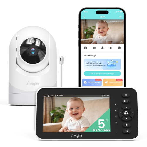 Simyke Video Baby Monitor with Camera and Audio,5'' IPS Screen,720P HD,App,Remote Pan/Tilt/Zoom Camera,Lullabies,Feeding Remind,HD Night Vision, VOX,2-Way Talk,Triple Security,1500ft Long Range
