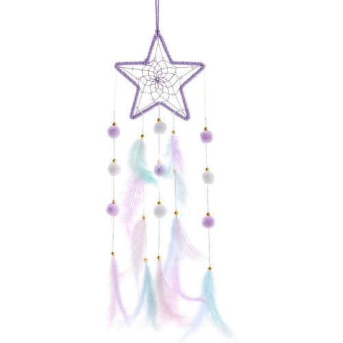 Pretty Jolly Purple Star Kids Dream Catcher Wall Decor Pompom Feather Baby Dreamcatcher Handmade Children Dream Catcher Home Décor Wall Hanging for Nursery Bedroom Boys Girls Birthday Gift-25.6in