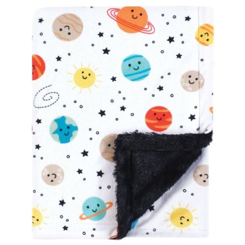 Hudson Baby Plush Blanket with Furry Binding and Back, Happy Planets, One Size