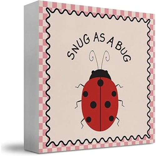 Ladybug Decor, Snug as a Bug Pink Checkered Wooden Box Sign, Ladybugs Live for Garden Ladybird Insert Wood Block Box for Girl Nursery Room Bedroom Playroom Desk Shelf Tabletop Decor, 5x5 Inch FY-mh-534